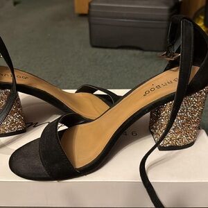 Bamboo Black Heels with Glittering Gold Block Heel